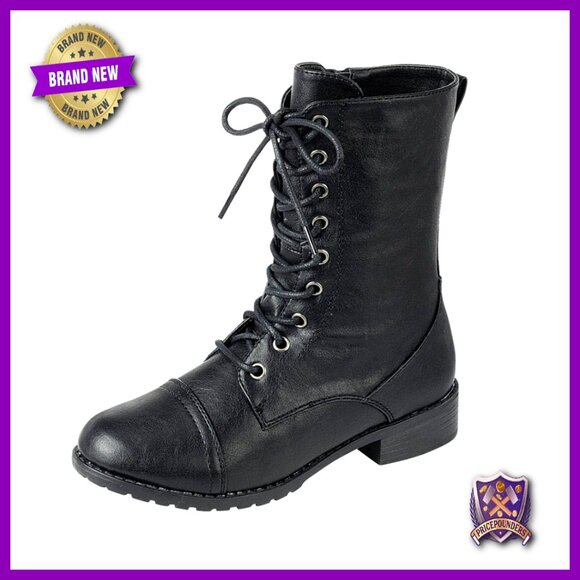 Round Toe Lace Up Combat Boots with Zip Ankle Cuff Low Heel